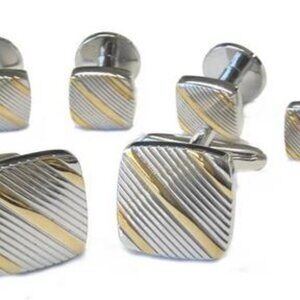 Two Tone Formal Set Soft Square Links Matching Studs. Diagonal Pattern